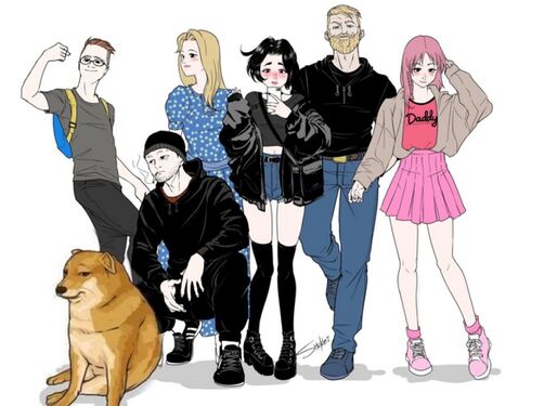 Канонические персонажи Wojak Comics для реплик-диалогов, слева направо, не считая Доге: Зумер, Думер / Вояк, Trad Girl (женский вариант Nordic), Doomerette (женский вариант Думера), собственно Yes Chad (Nordic Gamer) и Daddy eGirl