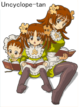 Википе-тан в трёх возрастах, раскрашенная в цвета Абсурдопедии (один из ранних экспериментов с маскотами английской Uncyclopedia)