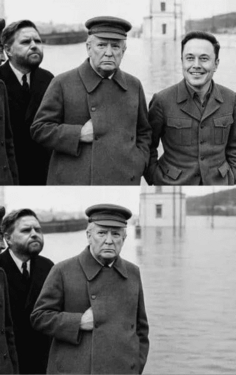 Историческая фотография Ди Вэнса, Трампа и Илона Маска до 5 июня 2025 года и та же фотография для официальной хроники Белого Дома после 5 июня 2025 года, когда Маск назвал Трампа педофилом из кейса Эпштейна.