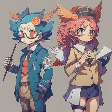 Персонажи, самостоятельно созданные нейросетью Kandinsky 2.1: Абсурдокун и Абсурдотян (в волосах которой запутался петух)